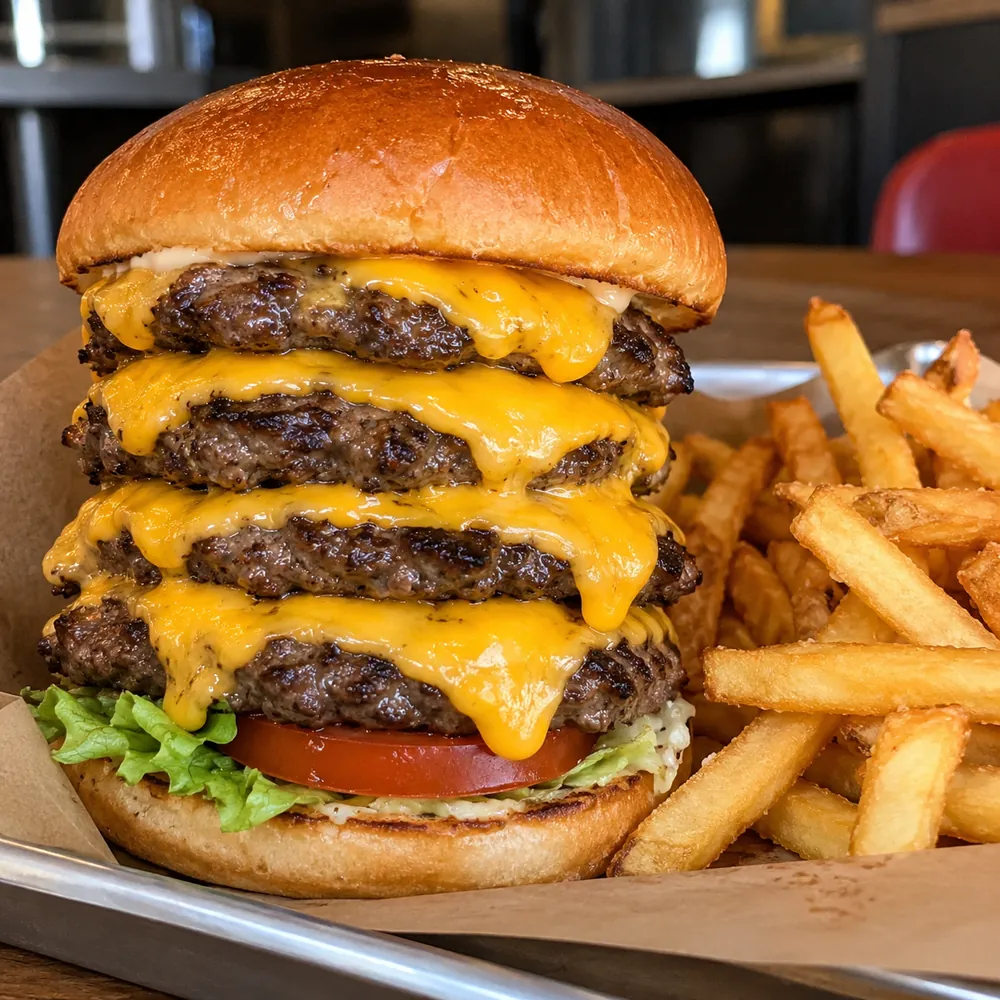 Hamburguesa cuádruple con papas